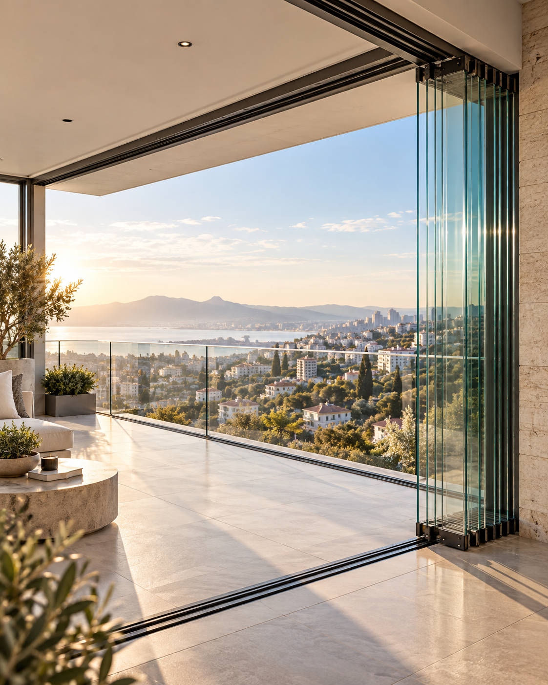 Cam panelleri kenarda toplanmış, deniz manzarasına açılan katlanır cam balkon