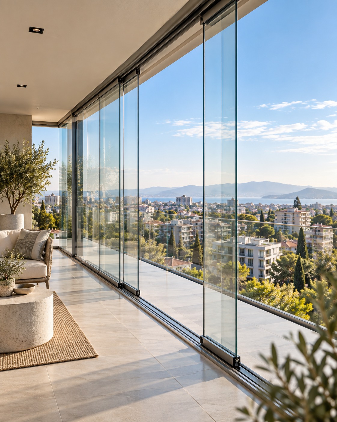 Yatay ray üzerinde hareket eden sürme cam balkon panelleri