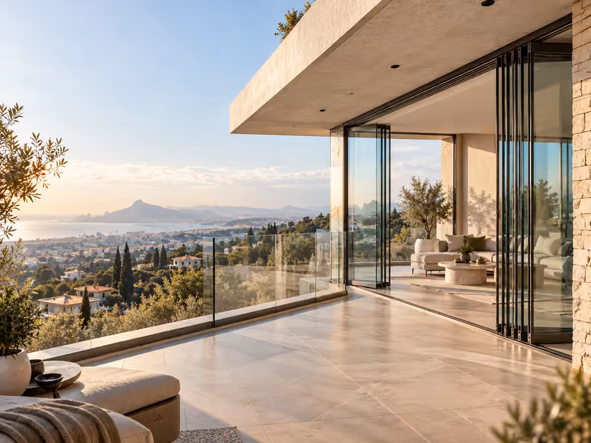 Katlanır cam panellerle yaşam alanına açılan panoramik konut balkonu, temsili görsel.