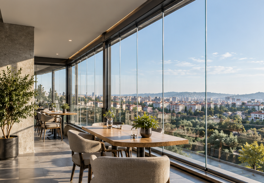 Cam panellerle çevrili manzaralı restoran terası